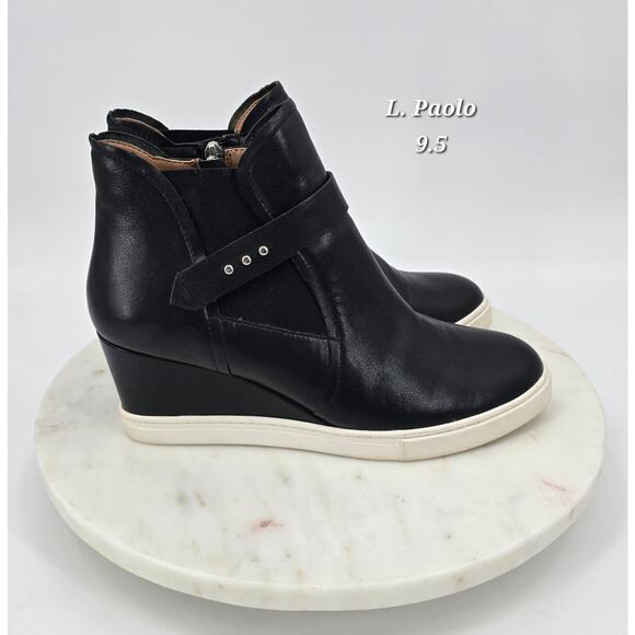 Linea Paolo Black Genuine Leather Wedge Sneaker Booties Women’s Size 9.5 - Picture 1 of 8